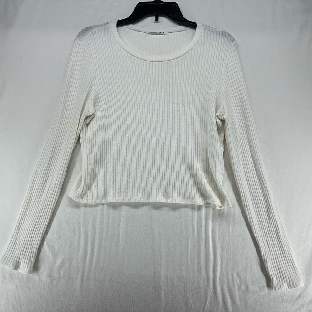 REFORMATION JEANS Ribbed Cropped Long Sleeve Pullover Shirt Top Cream Size L